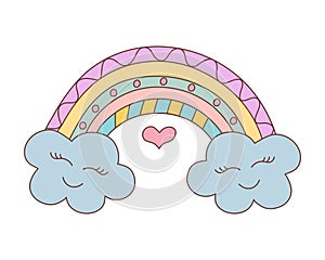Cute kawaii doodle rainbow with clouds.