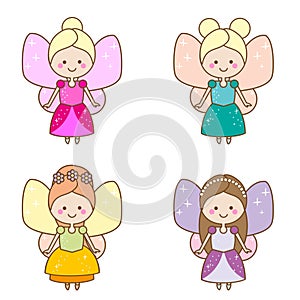 Cute kawaii fairies characters. Winged pixie princess in beautiful dresses. Cartoon style, girls kids stickers