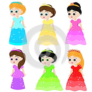 Cute kawaii fairy tale princess in colorful dresses. Girls in queen costumes. Cartoon style vector collection