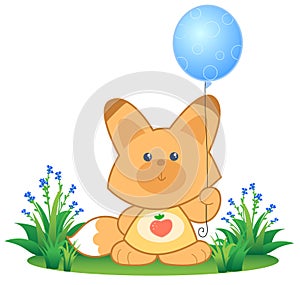 Cute kawaii fox with balloon, vector illustration