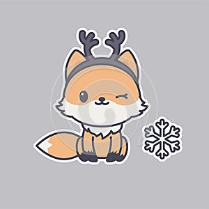 Cute kawaii fox sticker. Happy little fox wearing deer horns on its head and a snowflake next to it