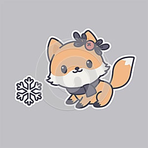 Cute kawaii fox sticker. Happy little foxes with holly berry, scarf,  and a snowflake