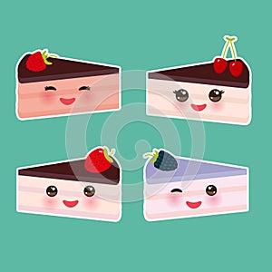 Cute kawaii fresh Strawberry cherry raspberry blackberry, cake set decorated pink cream and chocolate icing, piece of cake, pastel