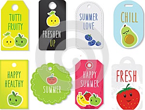 Cute kawaii fruit and vegetable cartoon labels for healthy eating or a detox cleanse