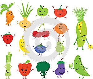 Cute kawaii fruit and vegetable cartoons for healthy eating or a detox cleanse