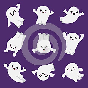 Cute kawaii ghost. Halloween scary ghostly characters. Ghost vector collection in japanese style