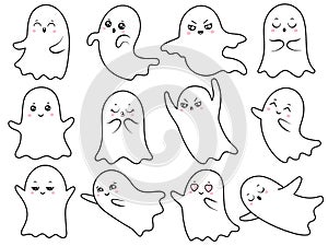 Cute kawaii ghost. Spooky halloween ghosts, smiling spook and scary ghostly character with Boo face vector cartoon