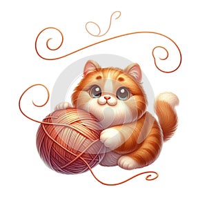 a cute kawaii ginger cat with a ball of yarn