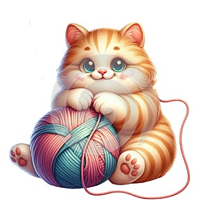 a cute kawaii ginger cat with a ball of yarn