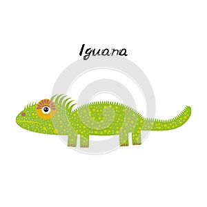Cute Kawaii green iguana, isolated on white background trend of the season. Can be used for cards for children learning words,