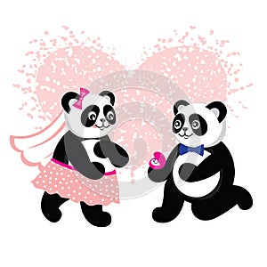 Cute kawaii groom and bride panda ready to get married.