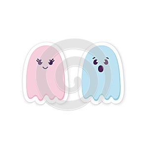 Cute Kawaii Halloween Ghost Stickers. Smiling Boy and Gidl Cartoon characters. Blue Pink Halloween icons isolated on