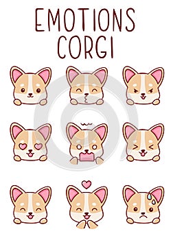 Cute kawaii hand drawn emotion corgi dog doodles, isolated on white background