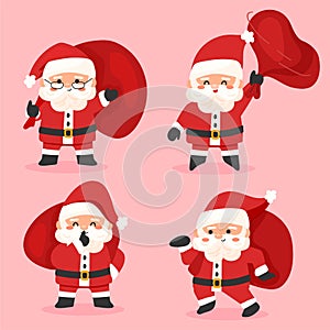 Cute Kawaii Hand Drawn Santa Claus With Smiling And Funny Face In Different Poses And Activities On pink Background. Collection. S