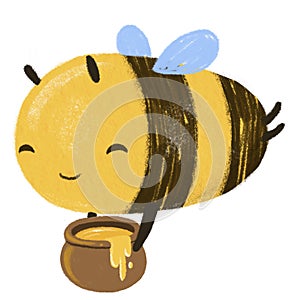 Cute Kawaii Happy Funny Honey Bee with honey jar