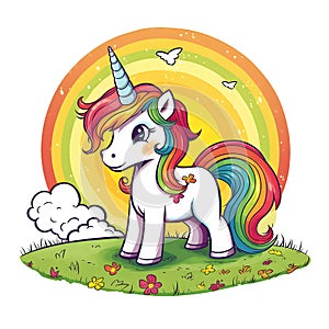 Cute kawaii happy funny unicorn with rainbow colored tail and mane.