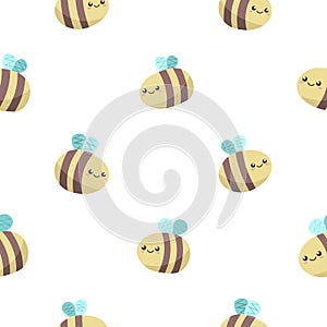 Cute kawaii honey bees fly on white background, seamless vector pattern