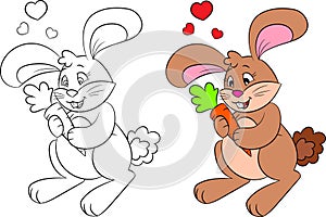 Cute kawaii illustration of a rabbit holding a carrot, contour and color, for children`s coloring book, Easter or Valentine`s card