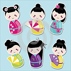 Cute kawaii kokeshi dolls stickers set. Traditional japanese dolls