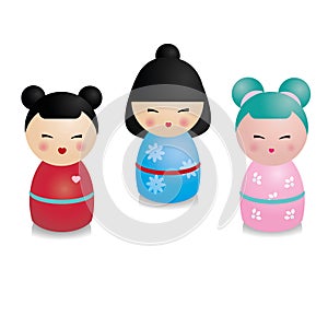 Cute kawaii kokeshi set. Traditional japanese dolls in realistic style. Stickers, design elements