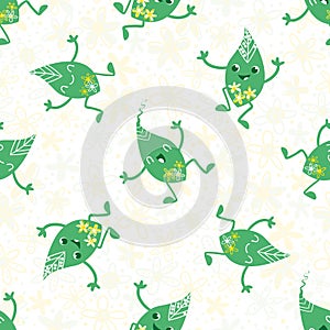 Cute kawaii leaf green yellow white seamless vector pattern background. Happy laughing dancing cartoon leaves on floral