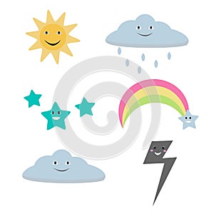 Cute Kawaii Nature Editable Design Element Of Sun, Clouds, Stars, Rainbow And Thunder Clipart