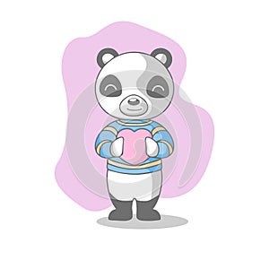 Cute kawaii panda holding pink heart