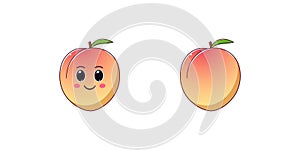 Cute Kawaii Peach, Cartoon Ripe Fruit. Vector