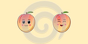 Cute Kawaii Peach, Cartoon Ripe Fruit. Vector