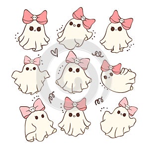 Cute Kawaii Pink Halloween Ghost Cartoon Doodle Drawing Collection