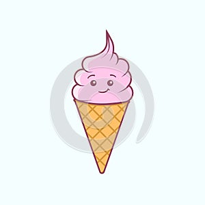 Cute, kawaii pink ice cream with a smile in a waffle cone