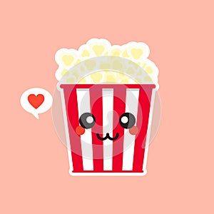 Cute and Kawaii Pop Corn Popcorn in Red Bucket Box Cinema Snack Vector Illustration Cartoon Character Icon in flat design