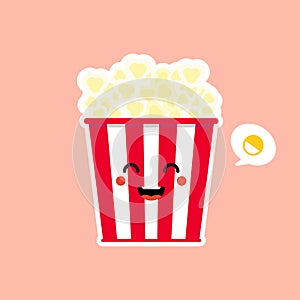 Cute and Kawaii Pop Corn Popcorn in Red Bucket Box Cinema Snack Vector Illustration Cartoon Character Icon in flat design