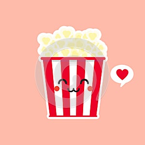 Cute and Kawaii Pop Corn Popcorn in Red Bucket Box Cinema Snack Vector Illustration Cartoon Character Icon in flat design