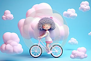 Cute kawaii portrait young or little girl ride a bicycle on fluffy clouds in the sky, wonderland world, minimal concept, travel in