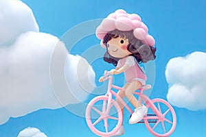Cute kawaii portrait young or little girl ride a bicycle on fluffy clouds in the sky, wonderland world, minimal concept, travel in