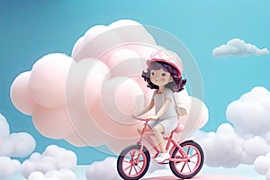 Cute kawaii portrait young or little girl ride a bicycle on fluffy clouds in the sky, wonderland world, minimal concept, travel in