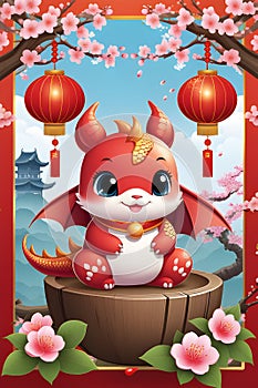 A cute kawaii red dragon sitting on the wood, with chinese red lampions, peach blossoms flower, vector art, fantasy, anime design
