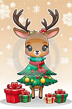 A cute kawaii reindeer with christmas tree costums, christmas presents, cute sticker, cartoon, snowflakes, fantasy art, animal photo