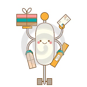 Cute kawaii robot character. Friendly smiling android delivering post boxes. Vector illustration, isolated design element