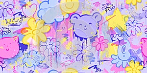 Cute, kawaii seamless pattern with flowers, cat, bear, clouds, brush strokes, splatters. Hand painted graffiti style.