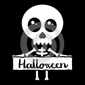 Cute kawaii skeleton holding halloween sign