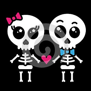 Cute kawaii skeleton love couple boy and girl