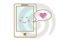 Cute kawaii smartphone character winking with speech bubble and heart symbol inside. Animation