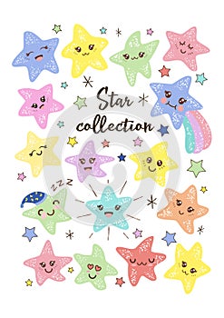 Cute kawaii smiling little stars hand-drawn vector illustration for kids. Baby shower stickers set.
