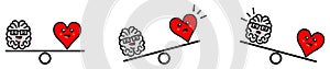 Cute Kawaii style brain and heart on weight scales, balanced or one side heavier version, emotions and rational thinking conflict