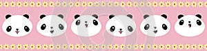 Cute Kawaii style happy pandas border with yellow flower edging. Seamless geometric vector pattern on pink background