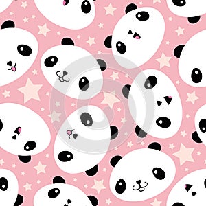 Cute Kawaii style laughing pandas and stars. Seamless vector pattern on soft pink background. Great for children, school