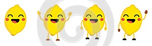 Cute kawaii style Lemon fruit icon, eyes closed, smiling with open mouth. Version with hands raised, down and waving.