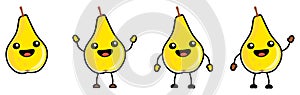 Cute kawaii style Pear fruit icon, outlined, large eyes, smiling with open mouth. Version with hands raised, down and waving